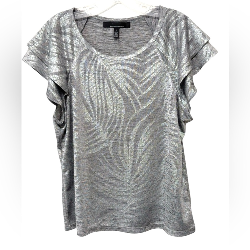 NWT WHBM White House Black Market Silver Foil Flutter Sleeve Top Women’s Large